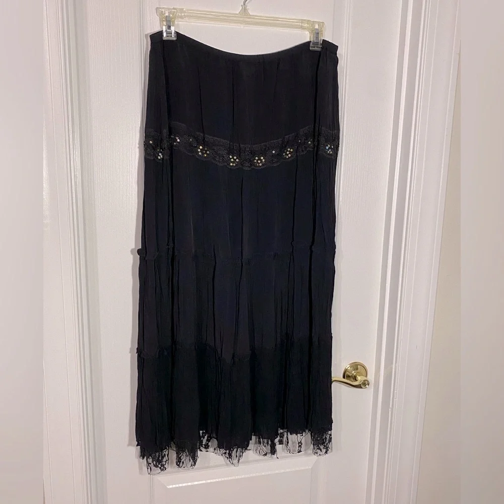 Paradise NY Lace Trim Gold Sequin Tiered Maxi Skirt Black Large